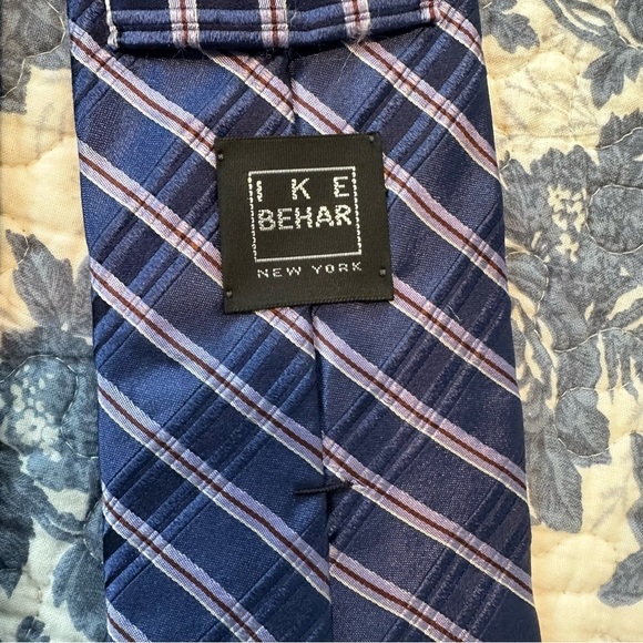 IKE Behar Repp Tie Blue & Lavender Stripes Imported Silk Hand Tailored 58”x3.5” - Picture 7 of 10
